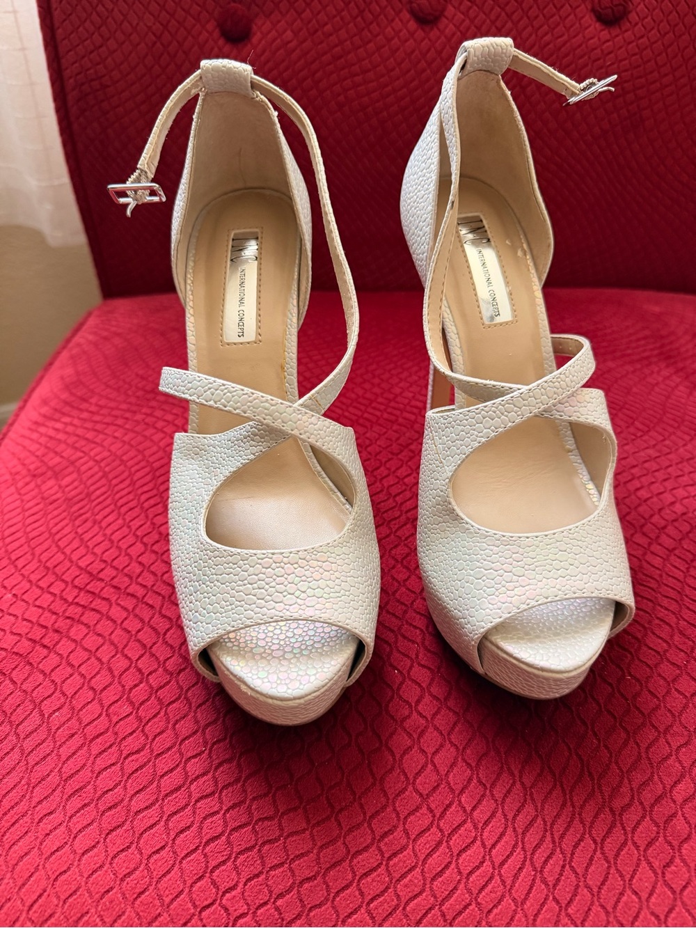 INC International Concepts Textured Cross-Strap Peep-Toe Heels metallic white